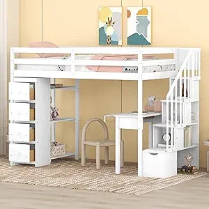 Full Size Loft Bed with Stairs, Storage Shelves & Bookshelf – Wooden Loft Bed Frame with Built-In Lights, Space-Saving Design for Kids, Teens, and Adults