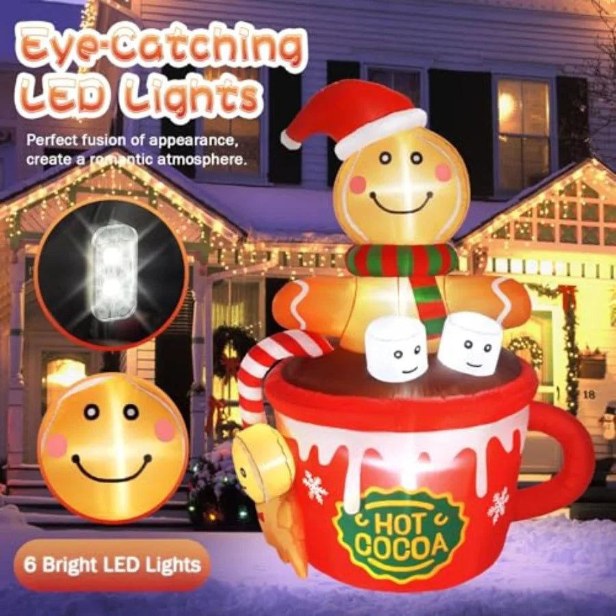 6FT Gingerbread Man in Hot Cocoa Cup Inflatable with LED Lights – Outdoor Christmas Yard Decoration