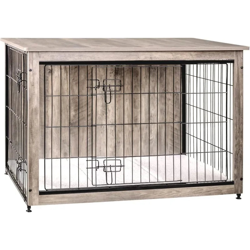 NEW Dog Crate Furniture with Cushion – 38.5" Wooden Indoor Kennel Table with Double Doors, Large Dog House in Greige