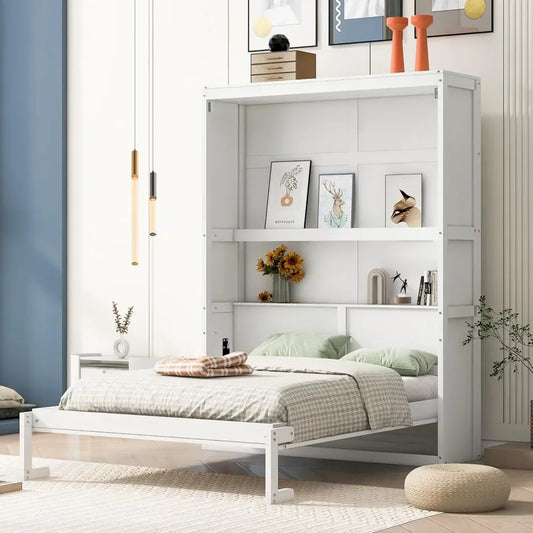 Full Size Murphy Cabinet Bed with Shelves – Space-Saving Wooden Wall Bed for Home Office or Small Rooms, White