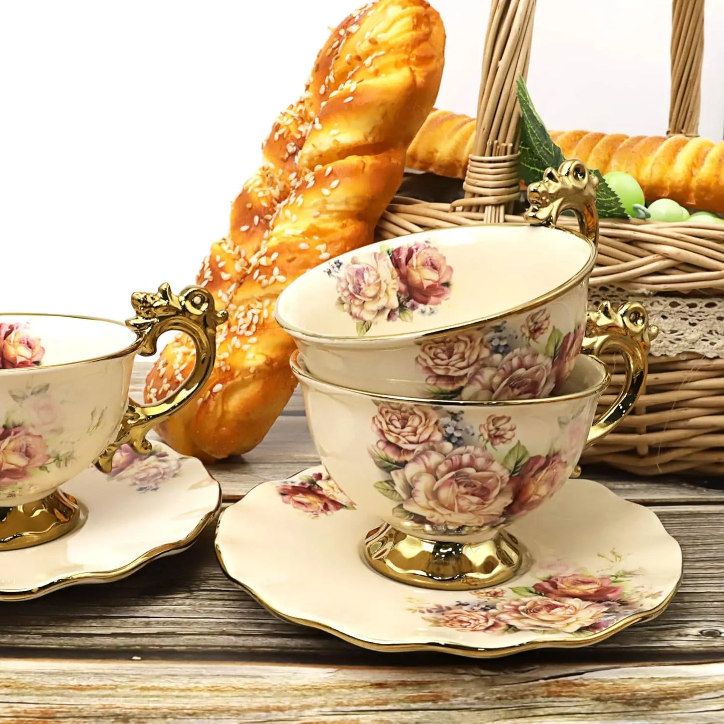 15-Piece British Porcelain Tea Set – Vintage Floral China Coffee Service with Large Tea Cups – Elegant Wedding & Adult Tea Party Set