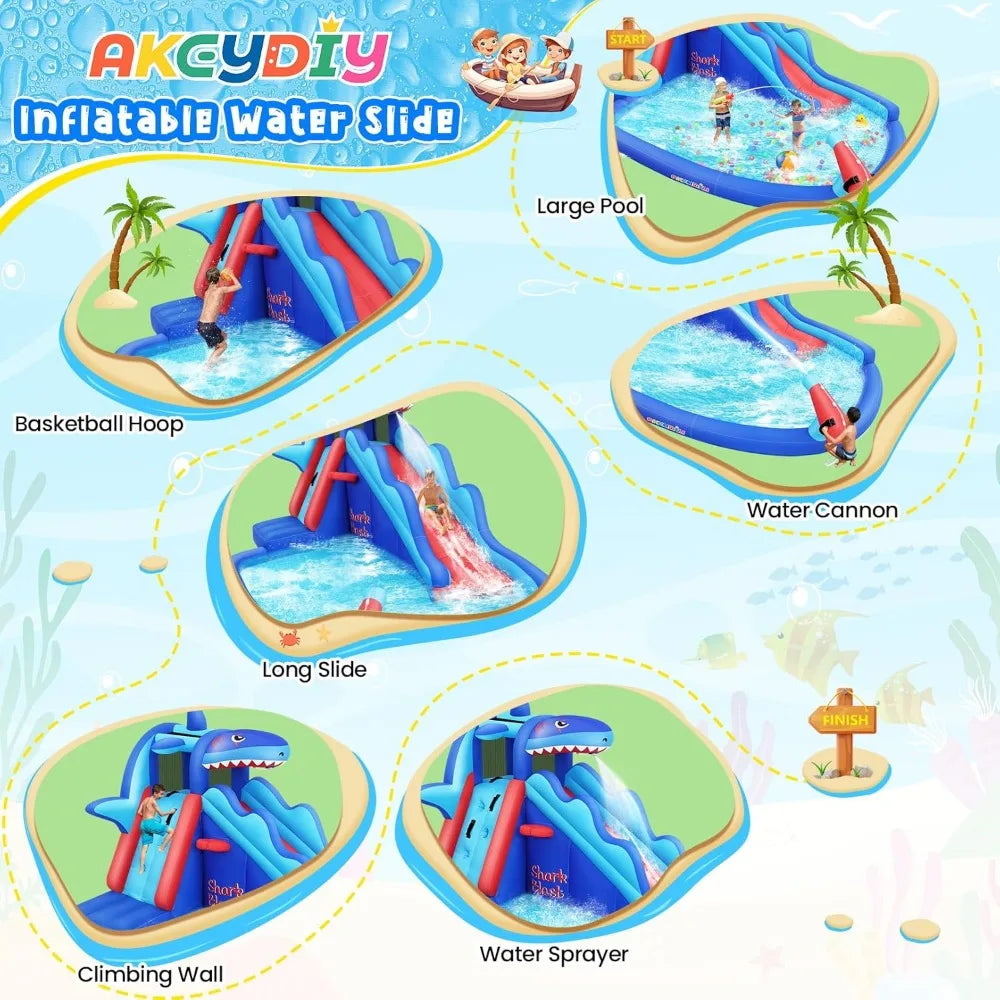 Inflatable Shark Blast Water Bounce House with Slide – Outdoor Backyard Water Slide Play Center for Kids Ages 3–12