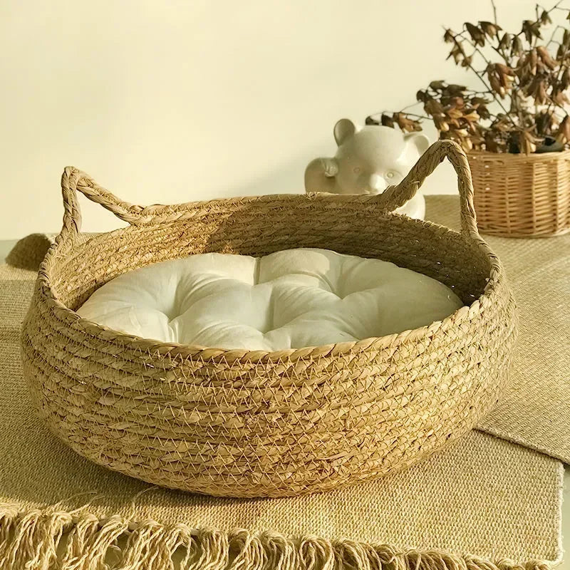 Four Seasons Handmade Woven Vine Cat Nest – Detachable, Washable Pet Bed with All-Season Cushion for Cats & Small Pets