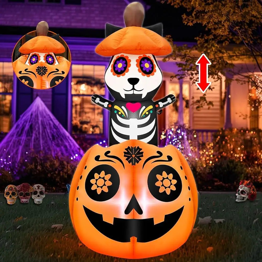 5 Ft Inflatable Halloween Decoration – Animated Cat on Pumpkin Day of the Dead Yard Decor with LED Lights