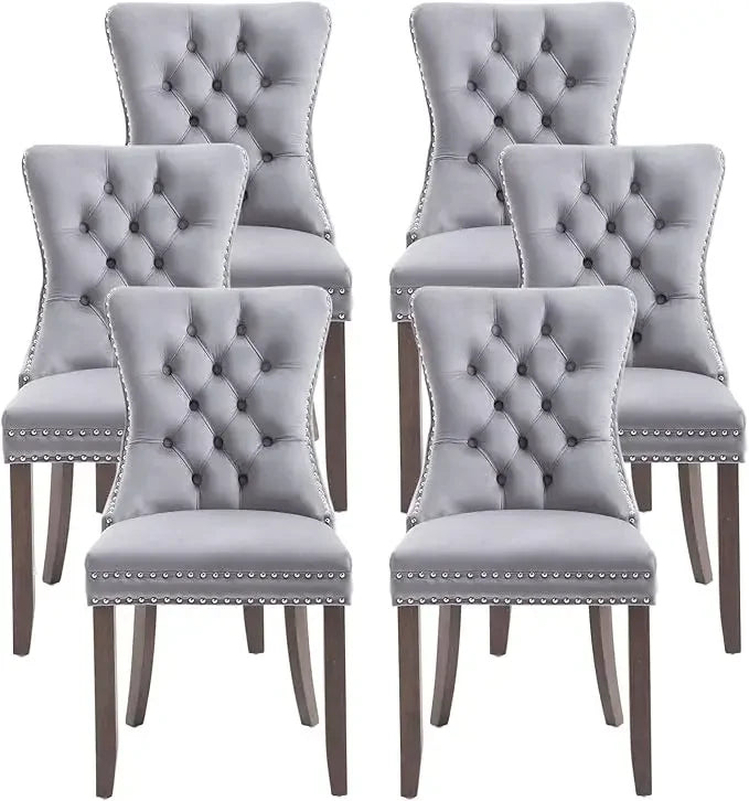 Leather Dining Chairs Set of 6 – Upholstered Wingback Dining Chairs with Nailhead Trim & Solid Wood Legs – Luxury Dining Room Side Chairs