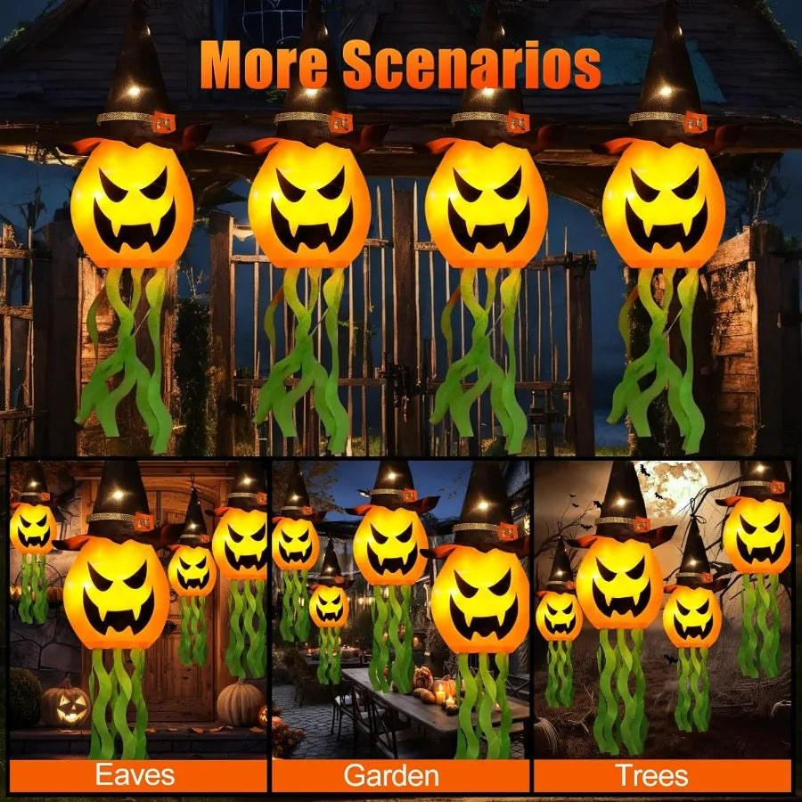 Hanging Lighted Glowing Pumpkin Witch Hat – Outdoor Halloween Decoration with 3 Lighting Modes