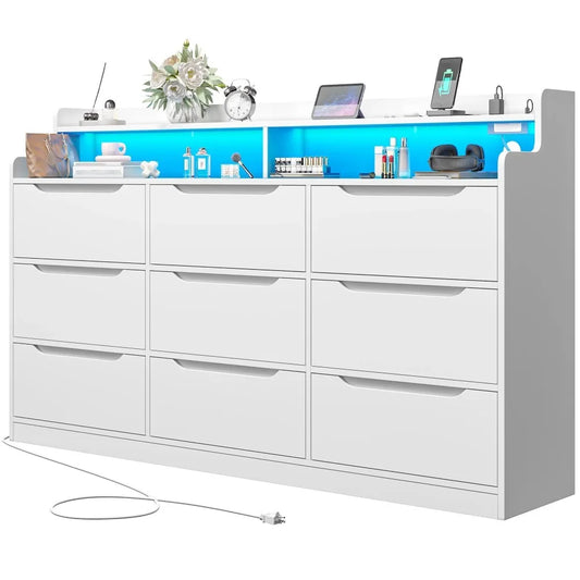 Wooden 9 Drawer Dressers for Bedroom with LED Light