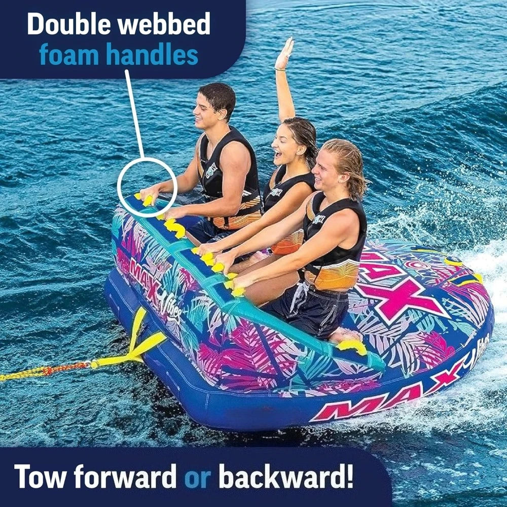 Max Tropical Inflatable Towable Tube – 1 to 3 Rider Soft Top Deck Tube for Kids & Adults with Secure Seating and Easy Tow Connector