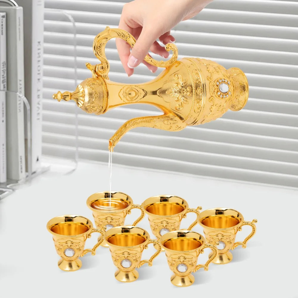 6-Piece Vintage Turkish Tea Set with Tray & Teapot – Large Capacity, Multi-Functional Metal Set for Tea, Coffee, or Wine (Gold)