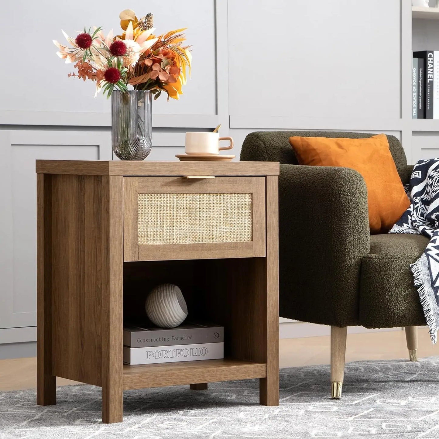 Rattan Nightstands Set of 2 – Farmhouse Bedside Tables with Drawer & Storage Shelf, Boho Chic End Tables with Wood Frame
