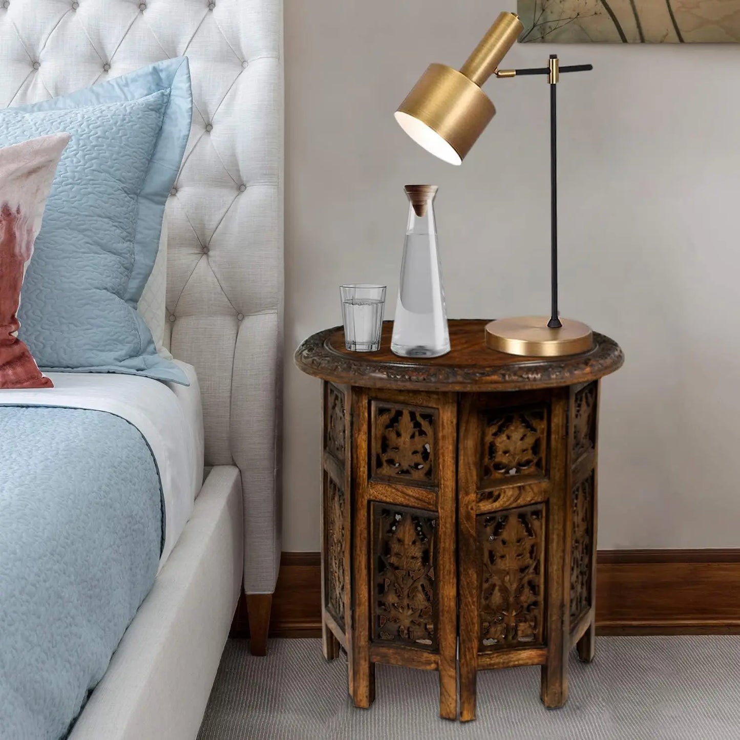 Hand Carved Vintage Solid Wood Accent End Table
