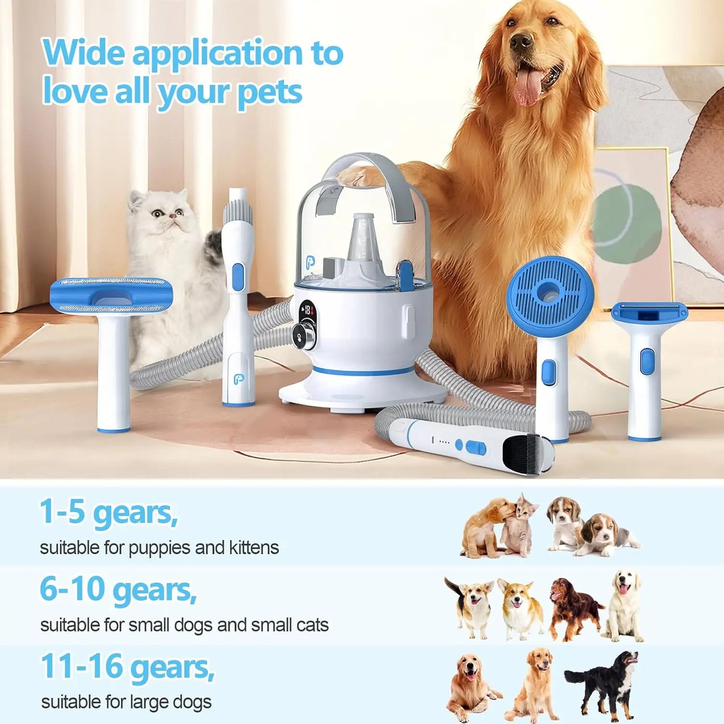 Low noise Pet Grooming Vacuum Kit 5-in-1 for Dogs and Cats