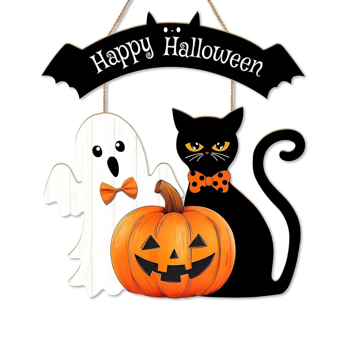Spooky Halloween Door Sign – Cute Pumpkin Ghost & Black Cat Design, Perfect Welcome Décor for Home, Porch, or Office