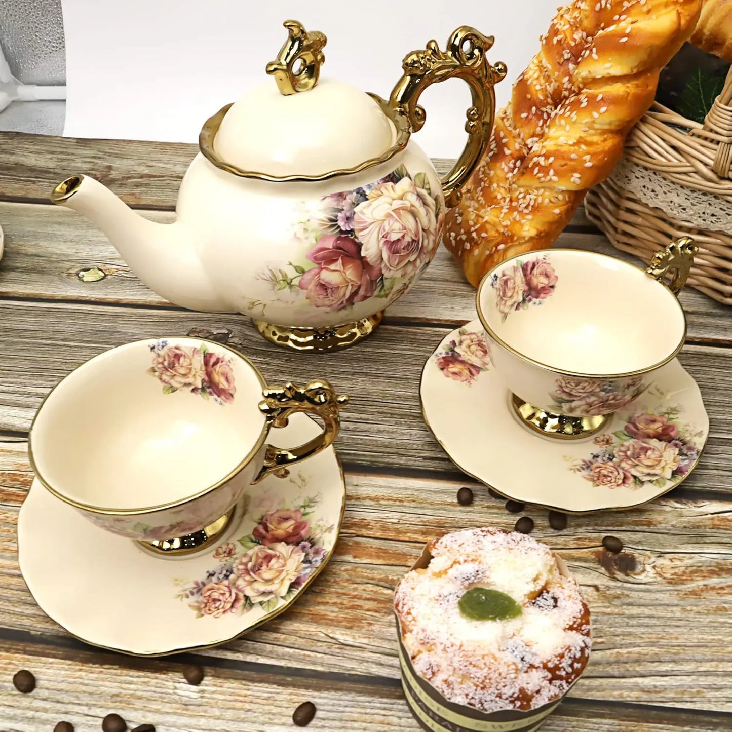 15-Piece British Porcelain Tea Set – Vintage Floral China Coffee Service with Large Tea Cups – Elegant Wedding & Adult Tea Party Set