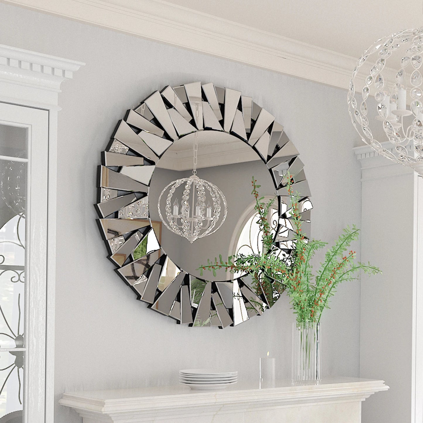 32" Silver Modern Round Sunburst Mirror with Beveled Accents – Elegant Wall Decor for Living Room, Bedroom, Entryway