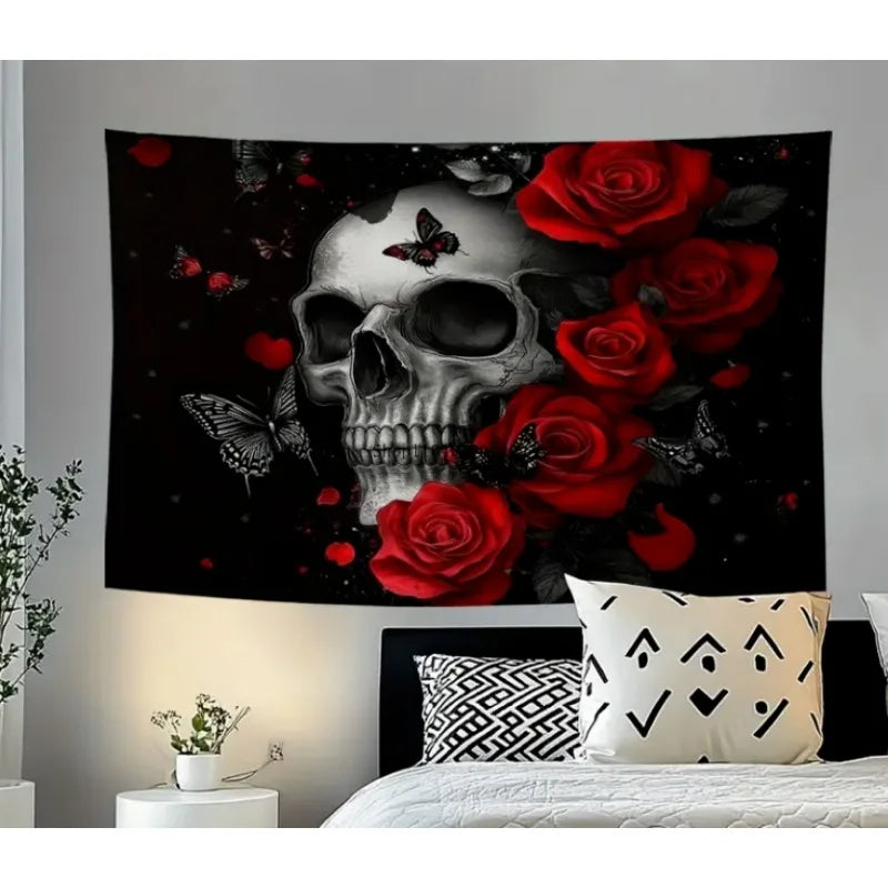 Rose Skull Wall Tapestry – Gothic Floral Décor, Multi-Purpose Hanging for Living Room, Bedroom, Dorm, Office, or Home