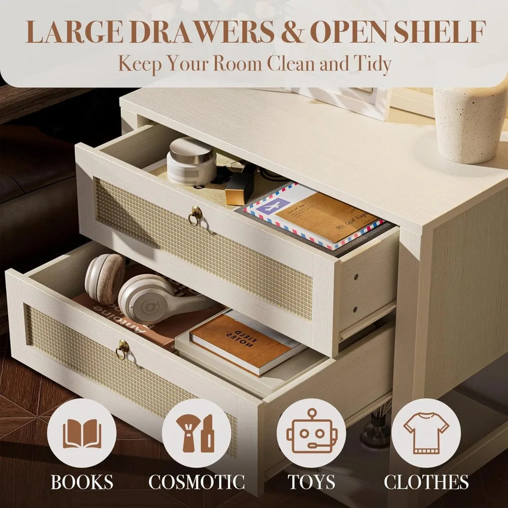 Boho Rattan Nightstand with Drawers & Open Shelf – Elegant Country-Style Bedside Table for Bedroom, Living Room, or Apartment