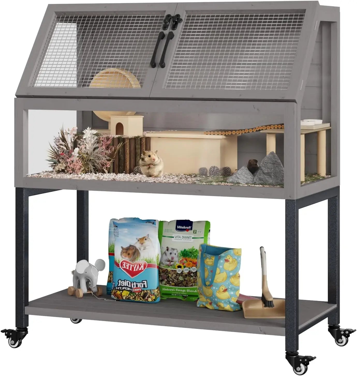 Small Wooden Transparent Animal Cage with Storage Shelf