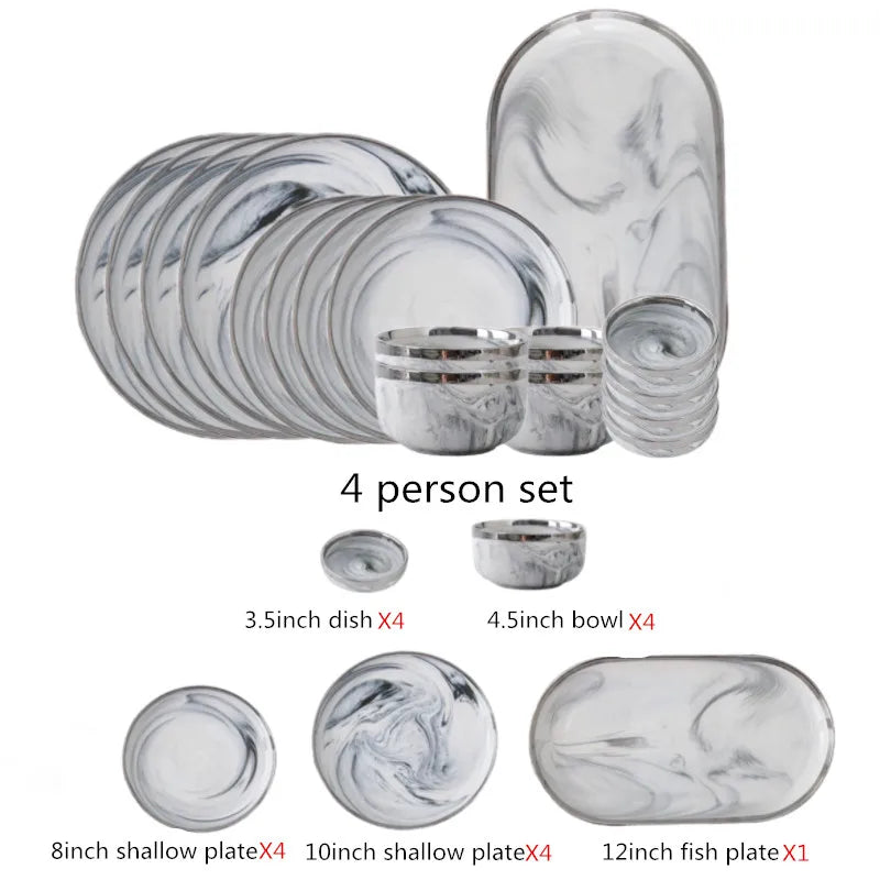 Marble Ceramic Porcelain  With Silver Rim Dinnerware Set