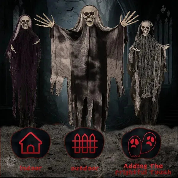4.6FT Large Hanging Skeleton Ghosts – 3-Pack Grim Reaper Halloween Decorations with Bendable Arms for Spooky Poses