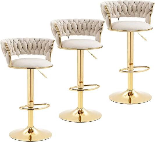 Swivel Velvet Bar Stools – Set of 3 Adjustable Counter Height Modern Bar Chairs