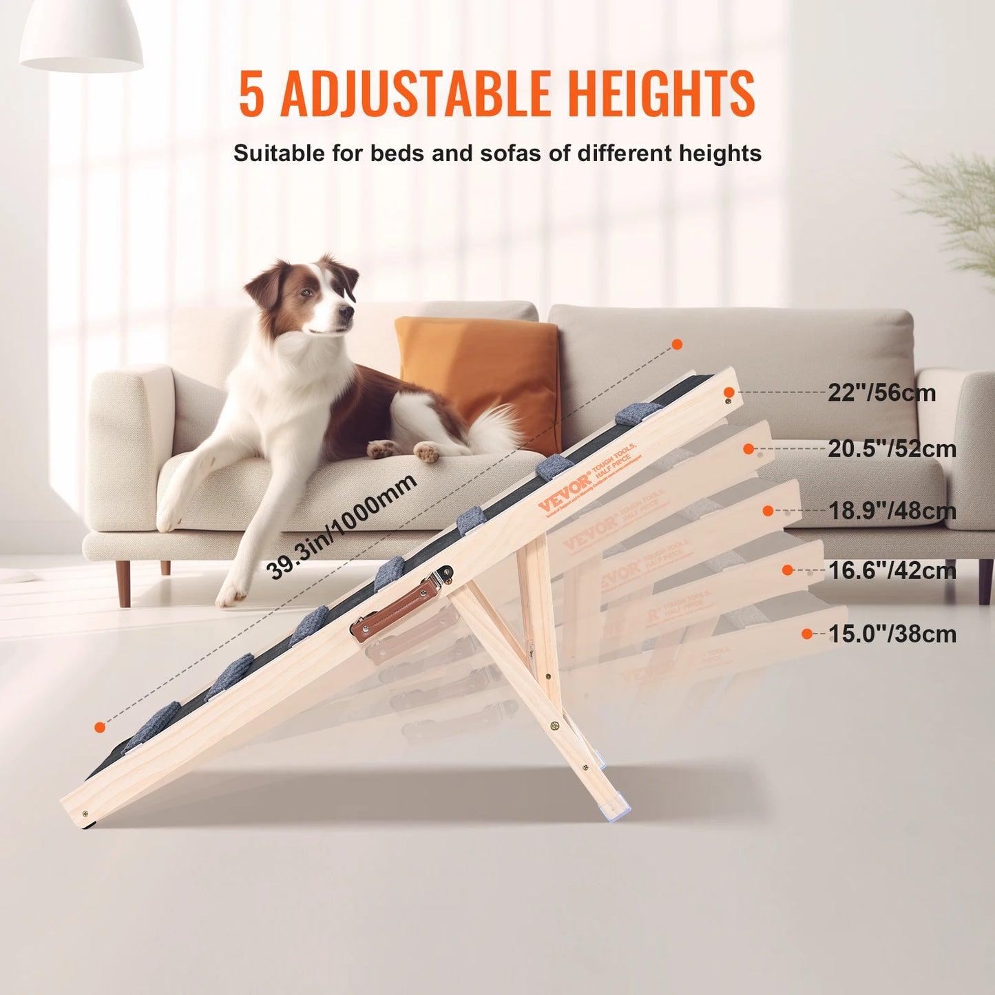 VEVOR Folding Wooden Dog Ramp – Adjustable Height, Anti-Slip Surface, Portable Pet Ladder for Small & Senior Dogs – Perfect for Stairs, Sofa, Car, and Bed Access
