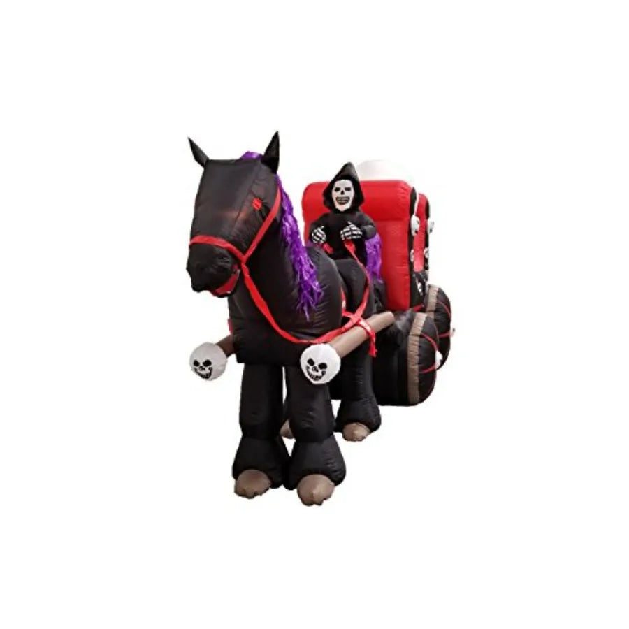 12-Foot Halloween Inflatable Skeleton Carriage – Lighted Outdoor/Indoor Blow-Up Decoration with Ghost, Skull & LED Lights