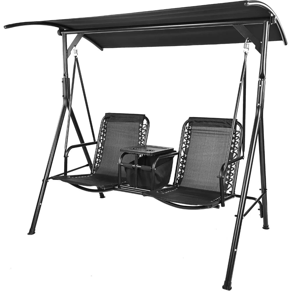 2 Seat Outdoor Patio Swing Chair Outdoor Canopy Swing Glider with Pivot Storage Table, Cup Holder, Adjustable Shade