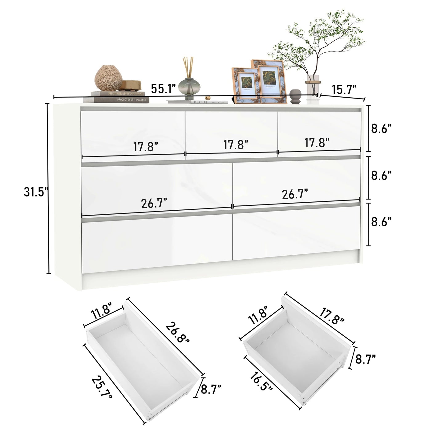 7 Drawer Wooden Dresser for Bedroom, 55" with High Gloss Drawers