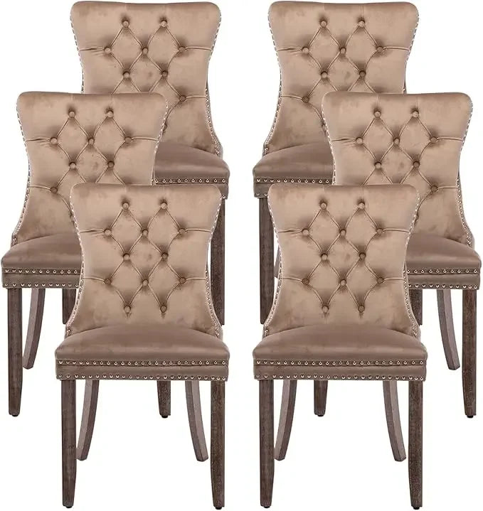 Leather Dining Chairs Set of 6 – Upholstered Wingback Dining Chairs with Nailhead Trim & Solid Wood Legs – Luxury Dining Room Side Chairs