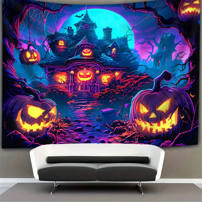 Glow-in-the-Dark Pumpkin House Wall Tapestry – Halloween Party & Home Décor with Easy Install Kit