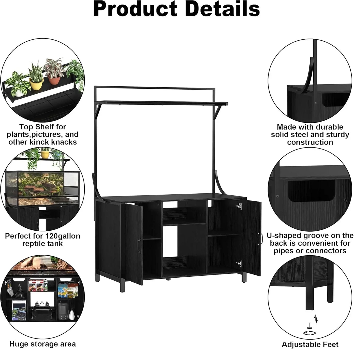 Reptile Tank Stand with Storage Cabinet – 48" x 24" Terrarium Tabletop for Up to 120 Gallon Bearded Dragon & Accessories