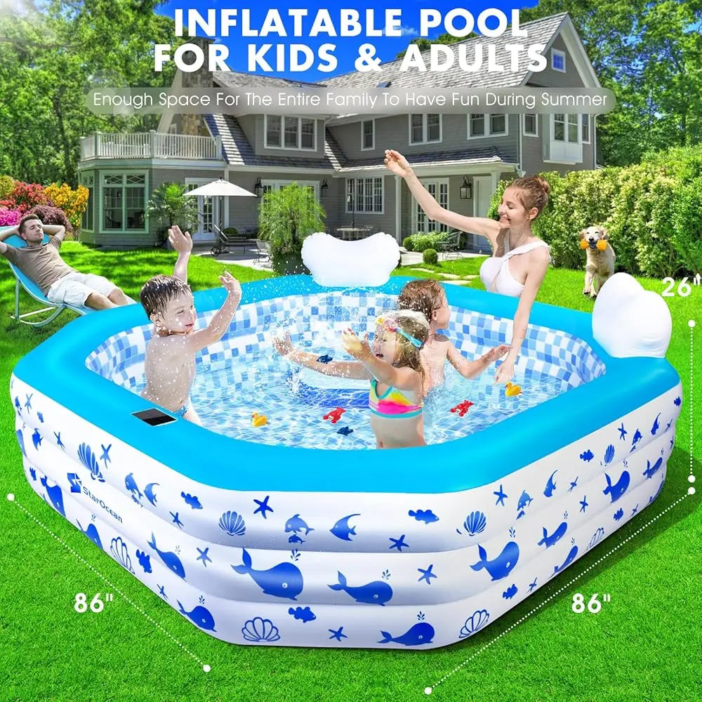 Inflatable Solar-Powered Swimming Pool with LED Lights & Remote Control – Large Blow-Up Pool for Kids & Adults