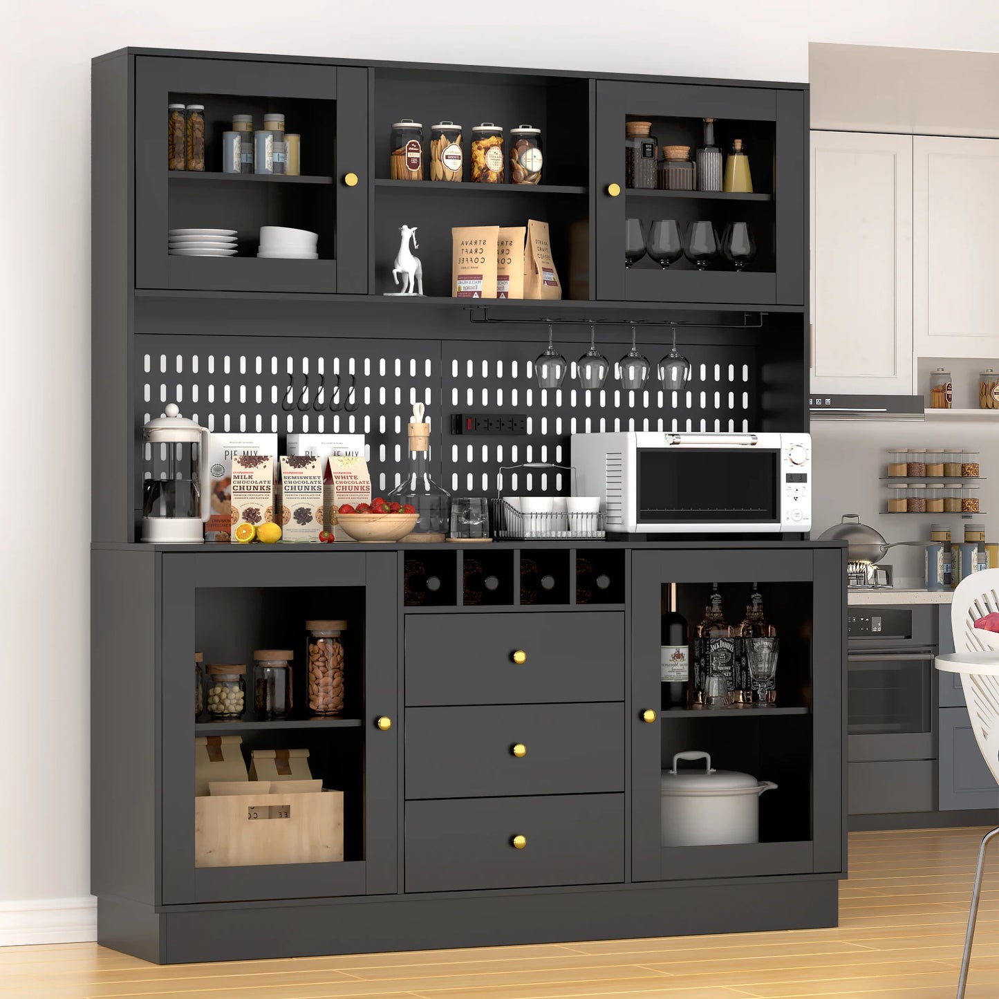 Pantry Cabinet – Freestanding Kitchen Storage Buffet Hutch with Pegboard, Cup Holder & Power Outlet, Black