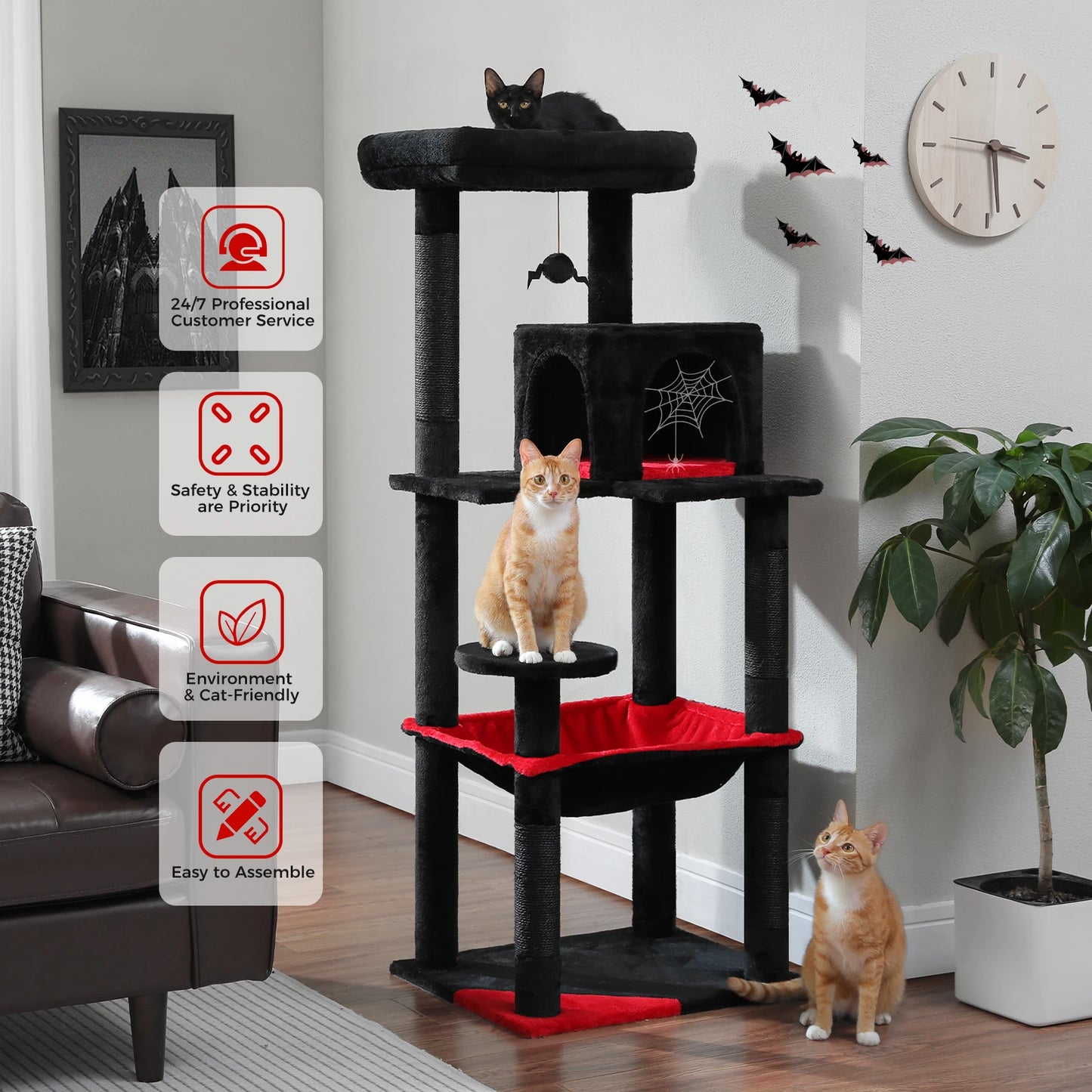 Gothic Elegance Cat Tree Tower – Tall Indoor Cat Condo with Super Large Hammock, Sisal Scratching Posts & Cozy Top Perch