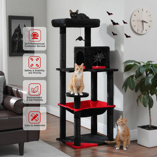 Gothic Elegance Cat Tree Tower – Tall Indoor Cat Condo with Super Large Hammock, Sisal Scratching Posts & Cozy Top Perch