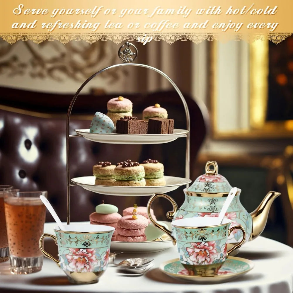Elegant Ceramic Tea Party Set for Adults – European Floral Teapot, Teacup, Saucer & Spoon Set – Large Fresh Style