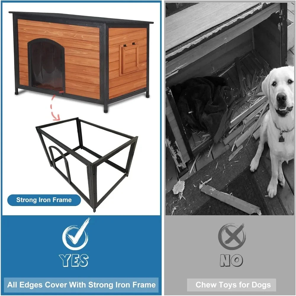Dog House Outdoor Weatherproof 43.3" L Chew Proof Dog Kennel for Small Medium Large Dogs with Strong Metal Chew Proof Frame