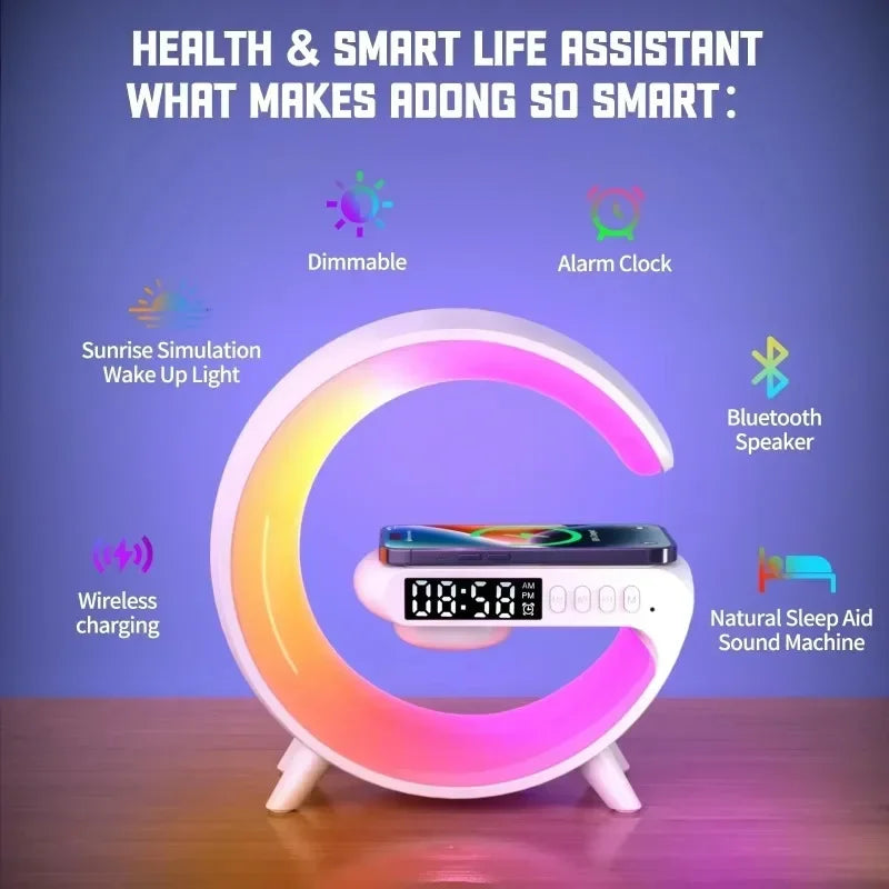 5.9" Wireless Charger Bluetooth Speaker with RGB Light – Fast Charging Stand, Clock, TF Support, Desktop Lamp for iPhone & Samsung