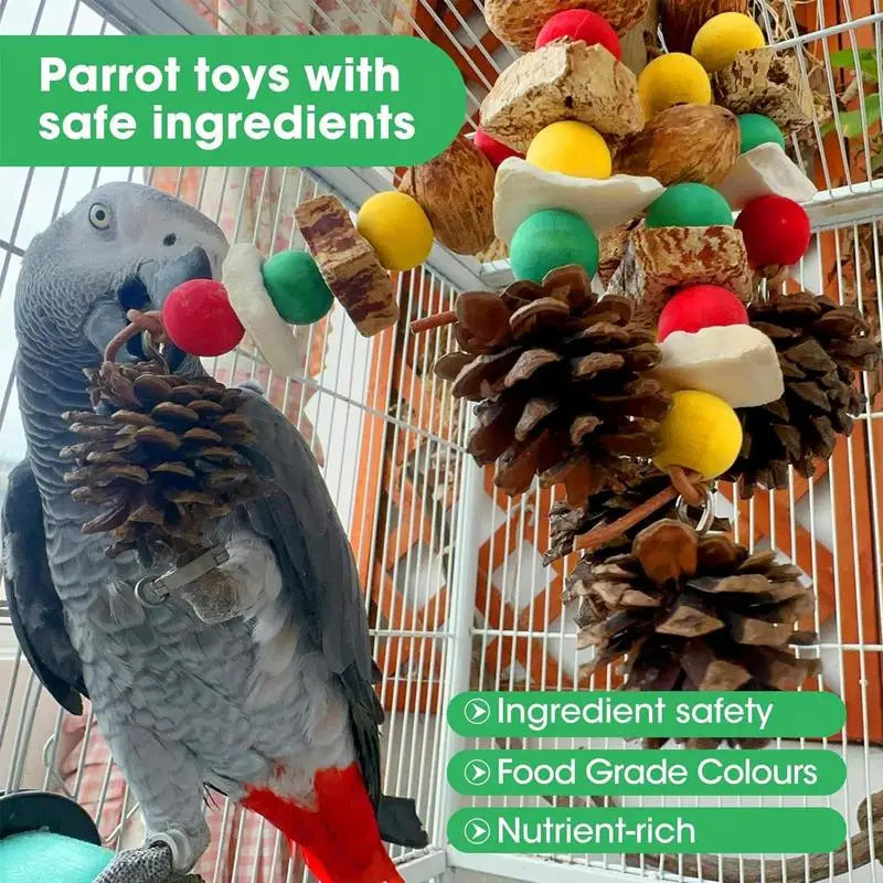 Bird Toys for Parrots – Multicolored Parrot Chewing Toy with Natural Wooden Blocks & Nuts, Hanging Bite Pendant for Parakeets, Cockatiels, Macaws, and Conures