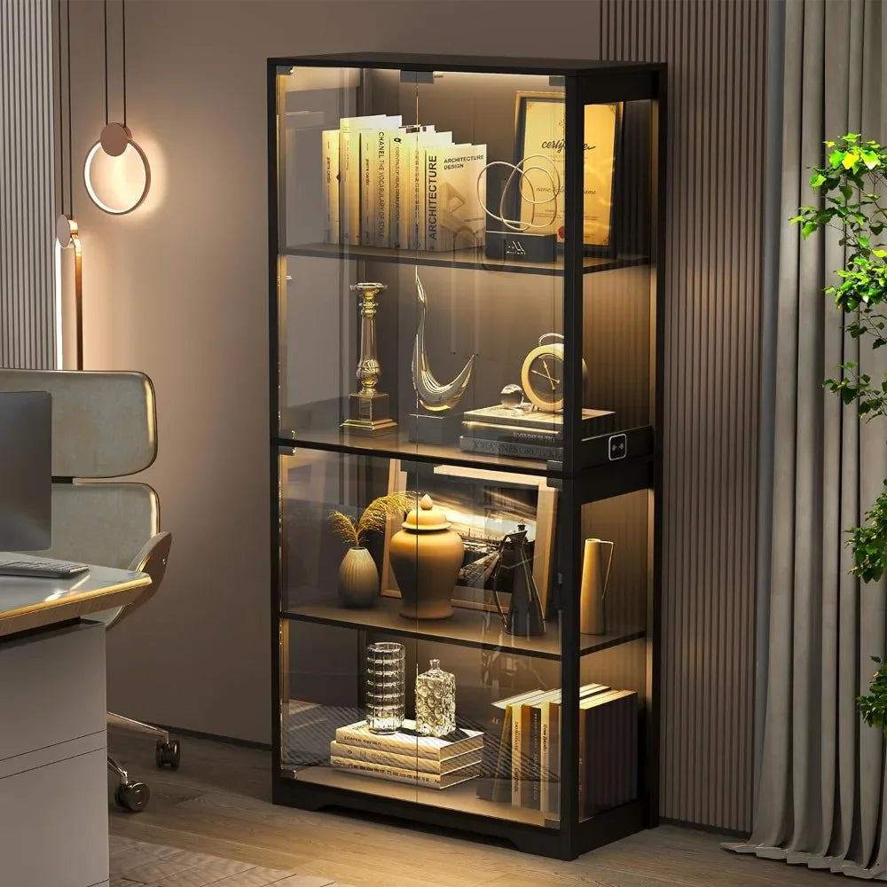 4-Tier Curio / Display Cabinet with Glass Doors and 3 Color Lights