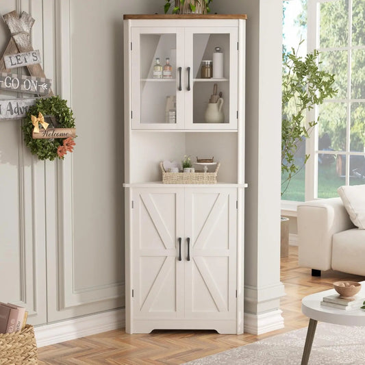 Vabches 67" Tall Corner Cabinet – 5-Tier Farmhouse Storage Cabinet with Doors & Adjustable Shelves for Living Room