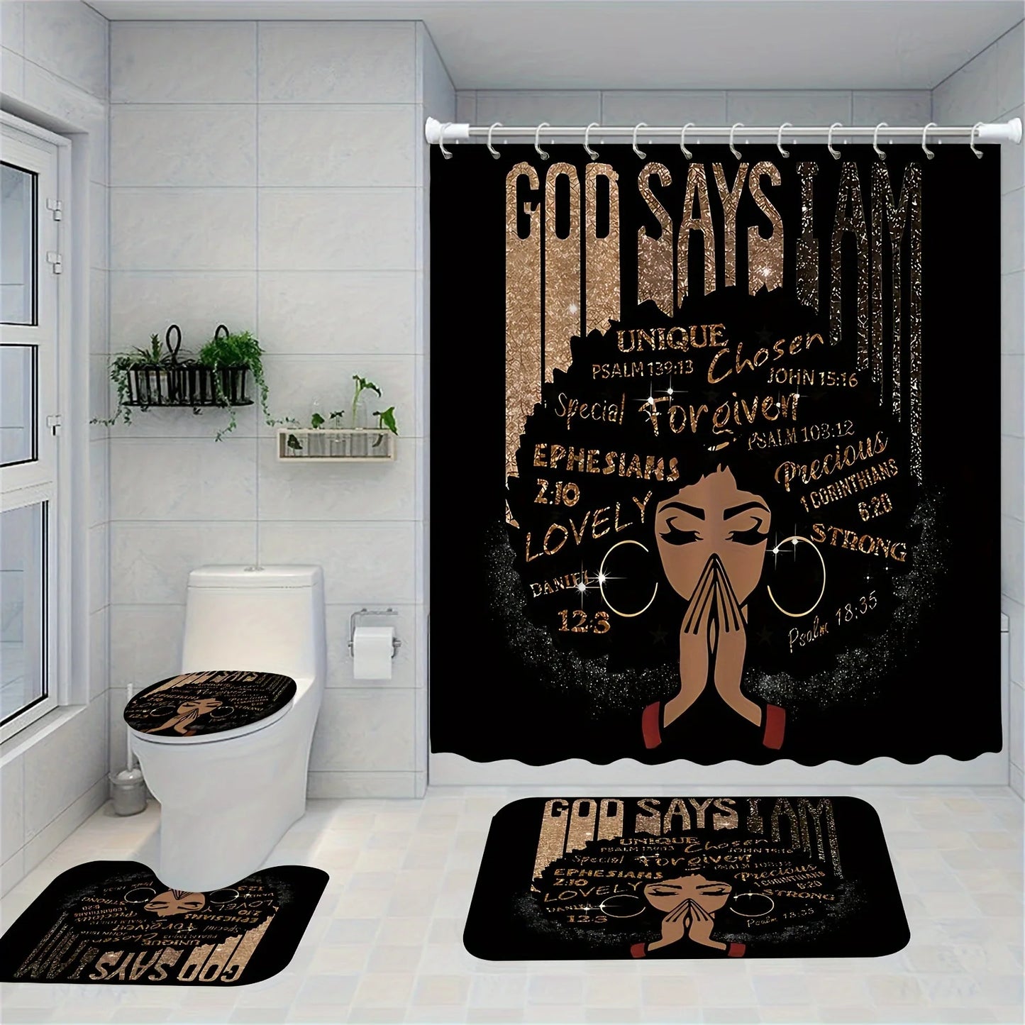 4PCS African-American Woman Shower Curtain Set with 12 Hooks – Non-Slip Bathroom Mat, U-Shaped Toilet Rug & Lid Cover