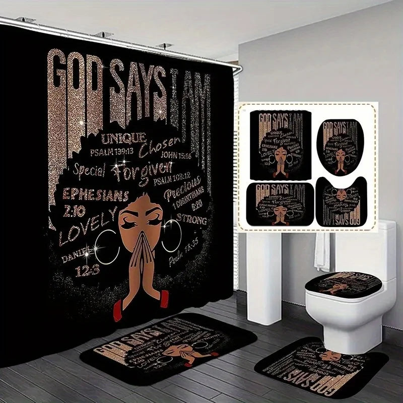 4PCS African-American Woman Shower Curtain Set with 12 Hooks – Non-Slip Bathroom Mat, U-Shaped Toilet Rug & Lid Cover