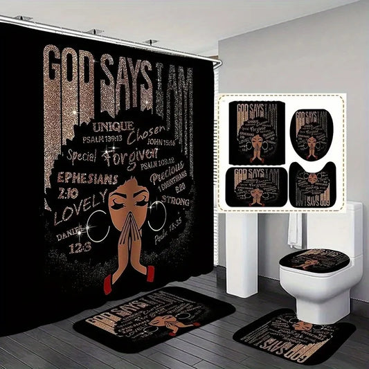 4PCS African-American Woman Shower Curtain Set with 12 Hooks – Non-Slip Bathroom Mat, U-Shaped Toilet Rug & Lid Cover