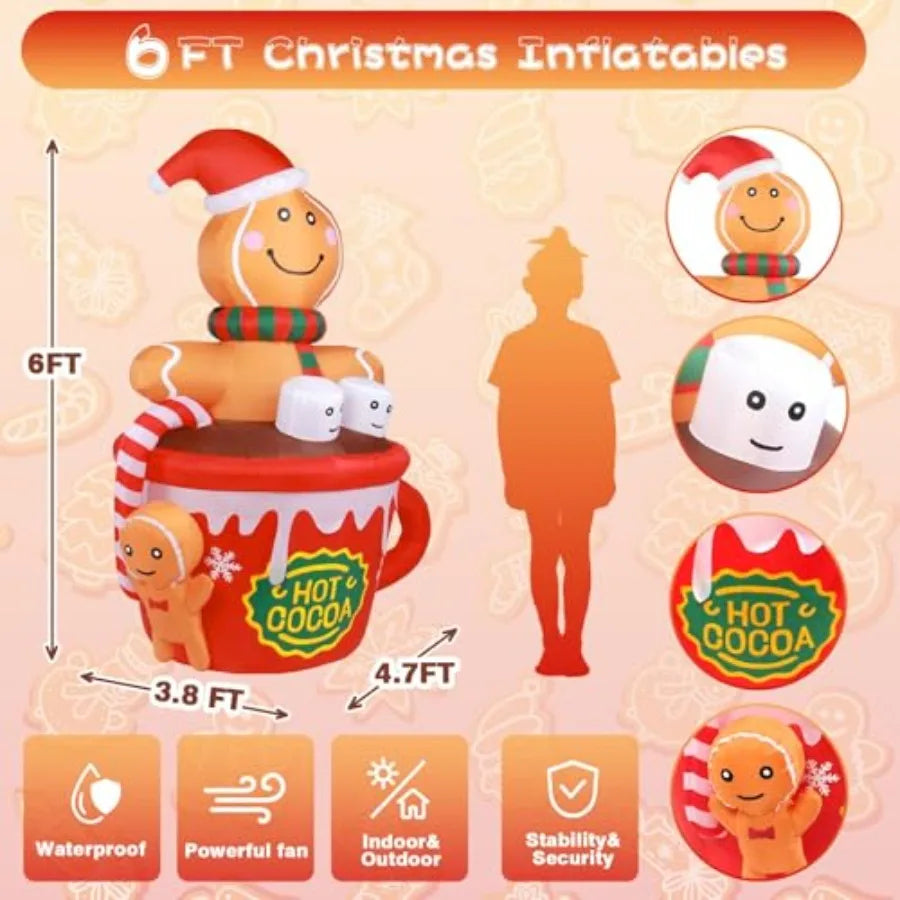 6FT Gingerbread Man in Hot Cocoa Cup Inflatable with LED Lights – Outdoor Christmas Yard Decoration