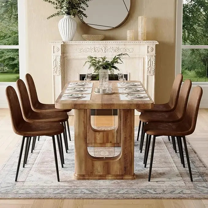 64.5" Modern Farmhouse Dining Table Set for 6 – Wood Dining Table with Decorative Pedestal Legs & 6 Cushioned Chairs