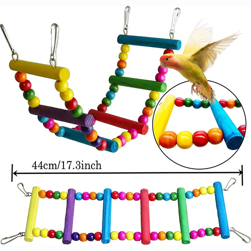 7PCS Wooden Bird Toy Set – Parrot Cage Accessories with Swing, Bells, Bridge, and Chew Toys