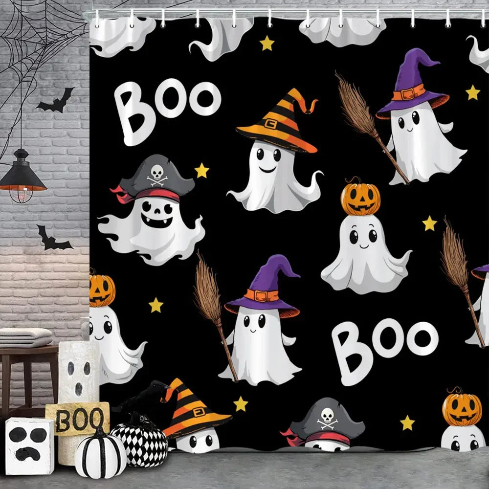 🦇 Spooky Halloween Skeleton & Crow Shower Curtain – Gothic Black Cat & Bat Design with Hooks