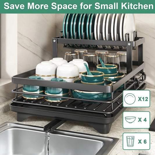 Large Dish Drying Rack for Kitchen Counter – Rustproof Black Dish Drainer with Drainboard, Adjustable Swivel Spout & Utensil Holder